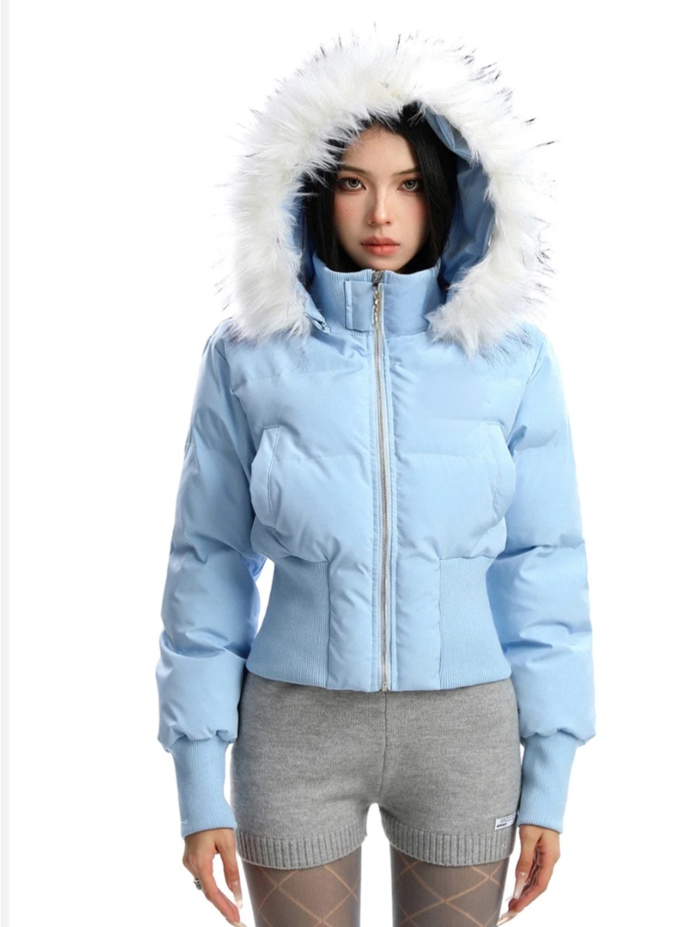 Tommy Hilfiger Light Blue Hooded Faux Fur Trim Puffer Jacket. Size M